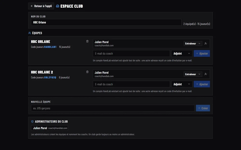 Espace club : les équipes du club, leurs coachs et leur code joueurs, et les administrateurs.