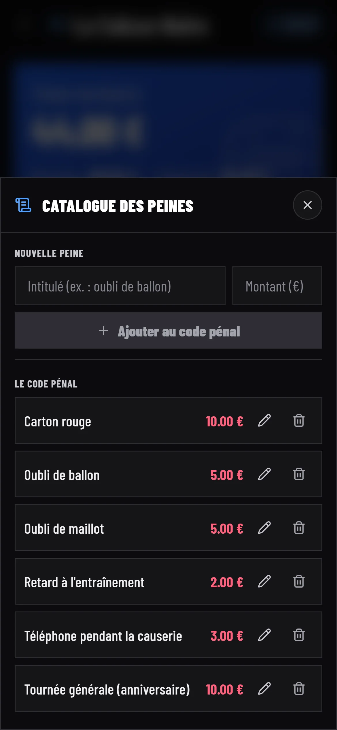 Catalogue des peines : le code pénal de l'équipe, où les shérifs ajoutent leurs amendes.